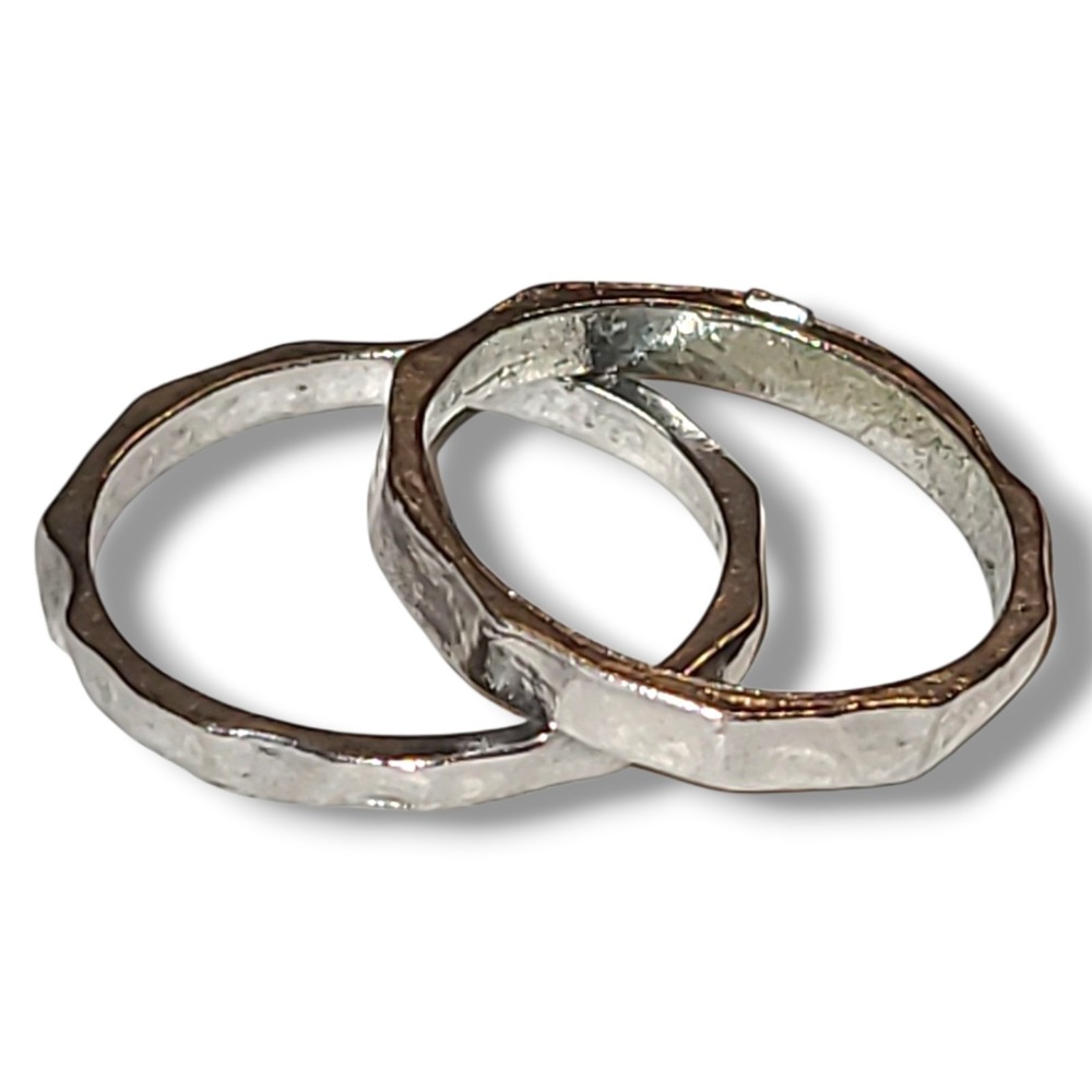 2 Silver Tone Hammered Stacking Rings Modernist Band Set Size 6.5
